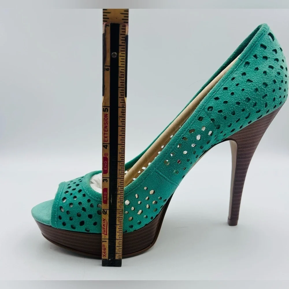Enzo Angiolini Teal Suede Peep Toe Cutout Heels Women’s Size 8 Stilettos Sexy